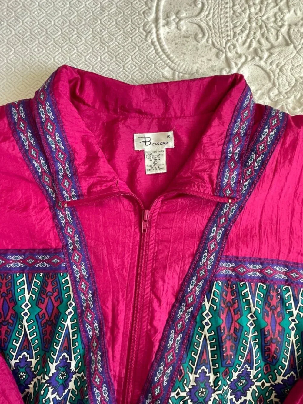 Vintage 1993 Bocco Colorful Aztec Ribbon 100% Nylon Lined Windbreaker Jacket LRG
